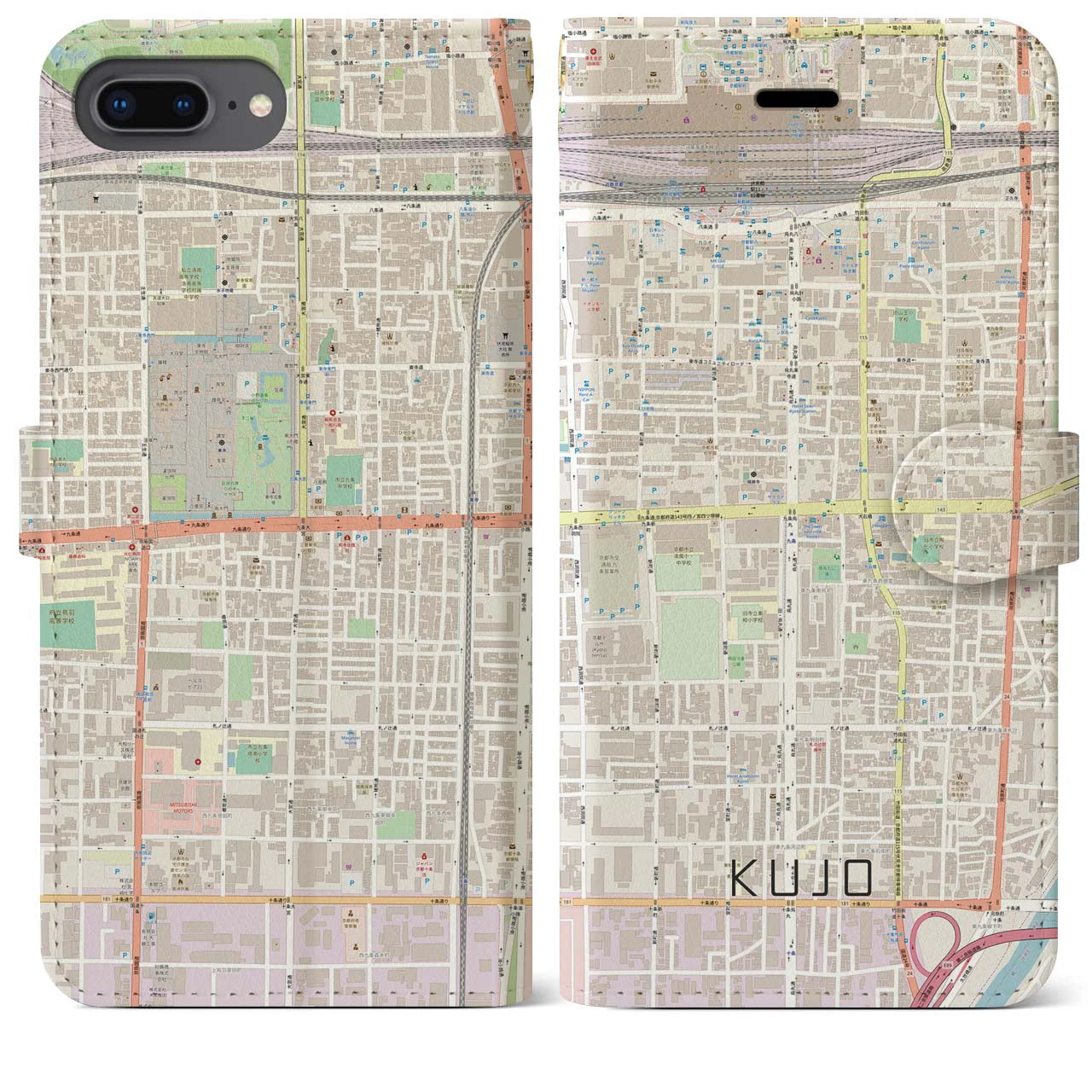 【九条(京都府)】地図柄iPhoneケース(手帳タイプ)ナチュラル・iPhone 8Plus /7Plus / 6sPlus / 6Plus 用
