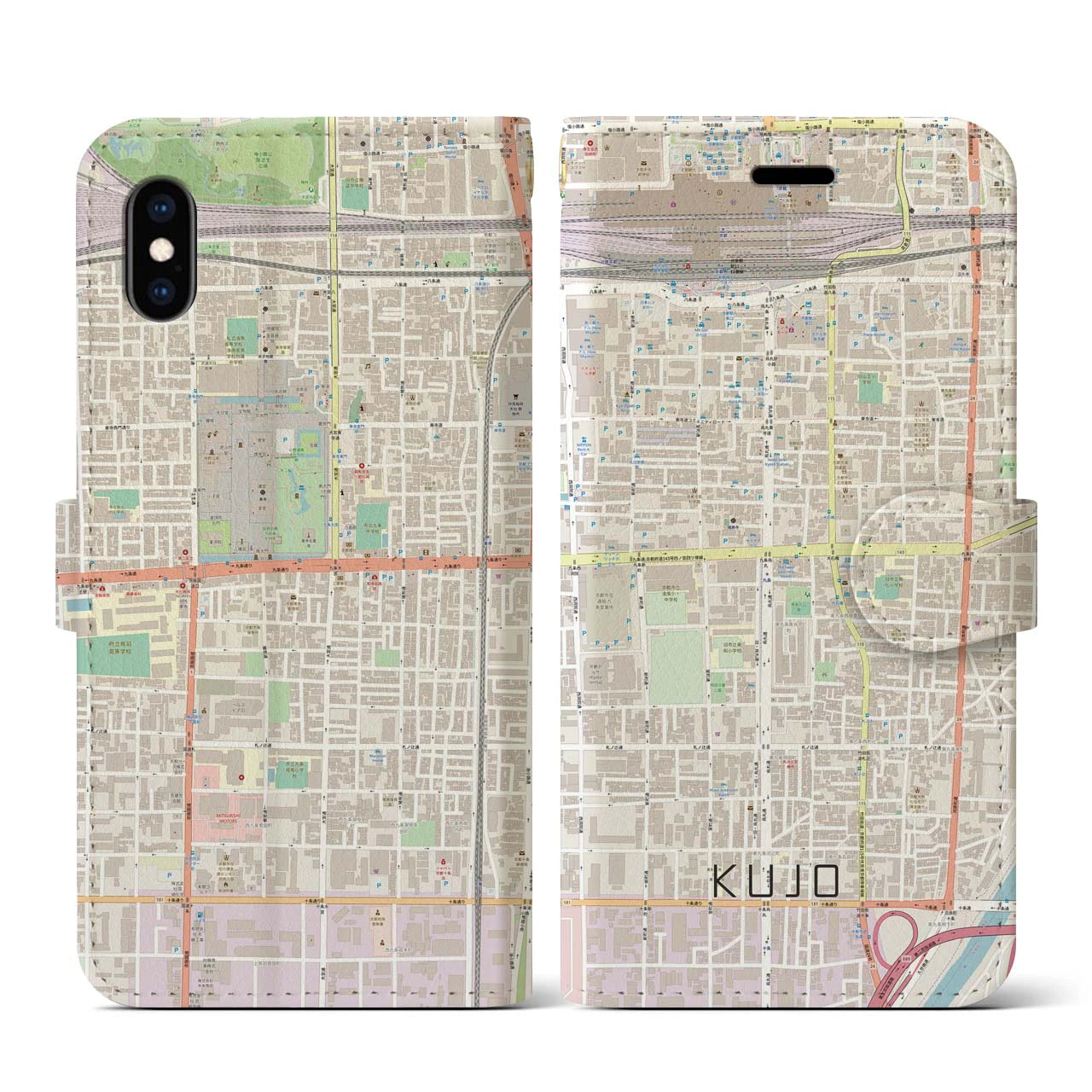 【九条(京都府)】地図柄iPhoneケース(手帳タイプ)ナチュラル・iPhone XS / X 用