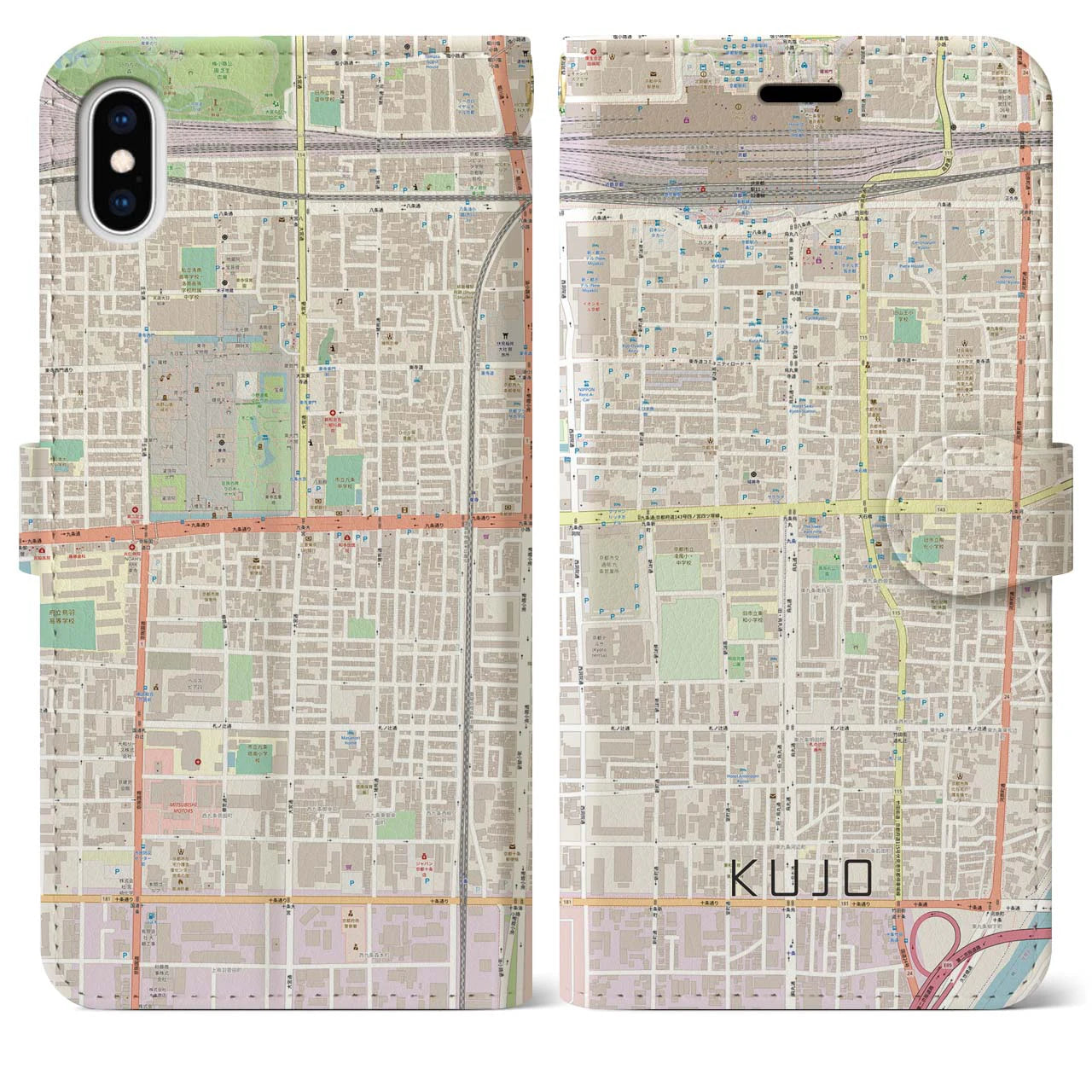 【九条(京都府)】地図柄iPhoneケース(手帳タイプ)ナチュラル・iPhone XS Max 用