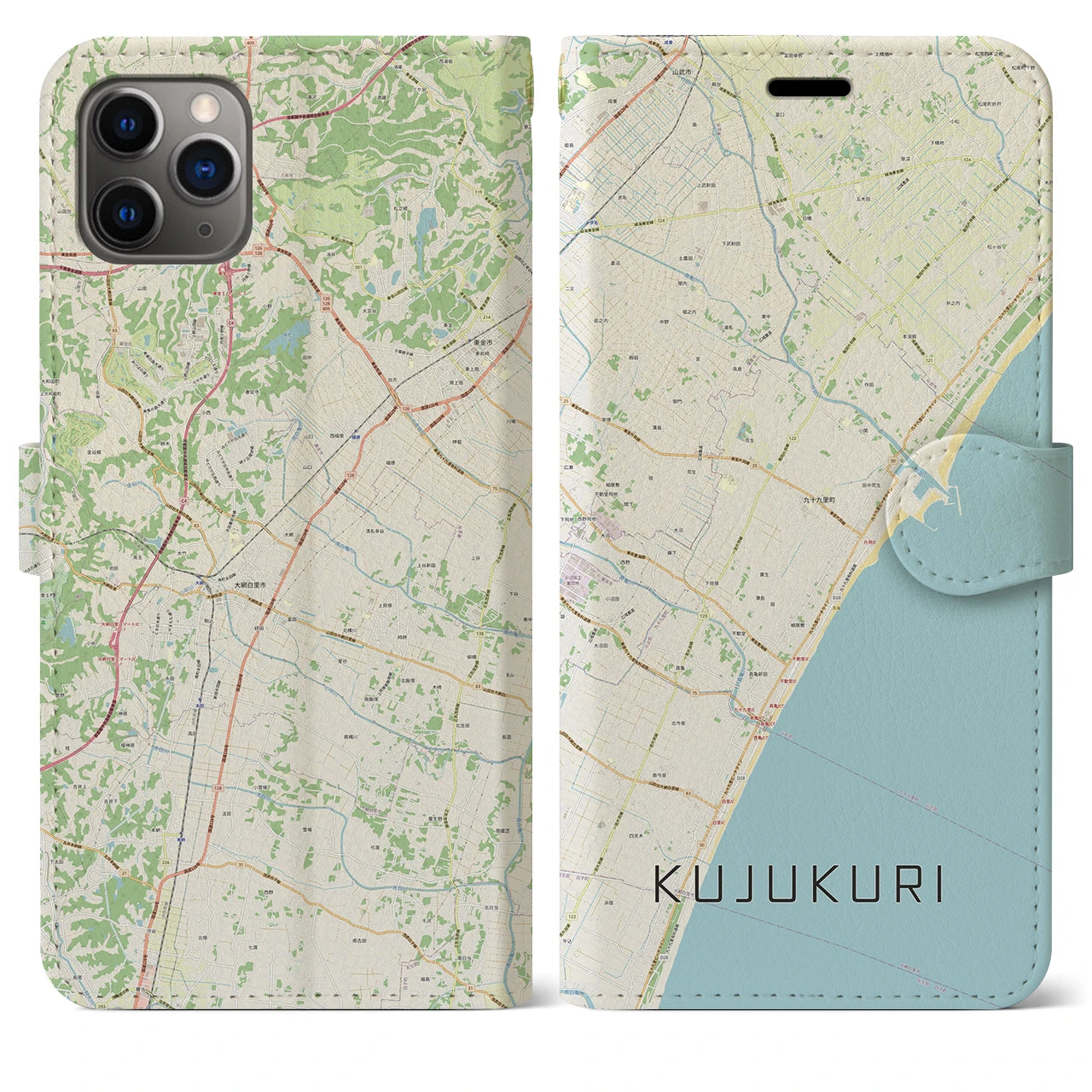 【九十九里(千葉県)】地図柄iPhoneケース(手帳タイプ)ナチュラル・iPhone 11 Pro Max 用
