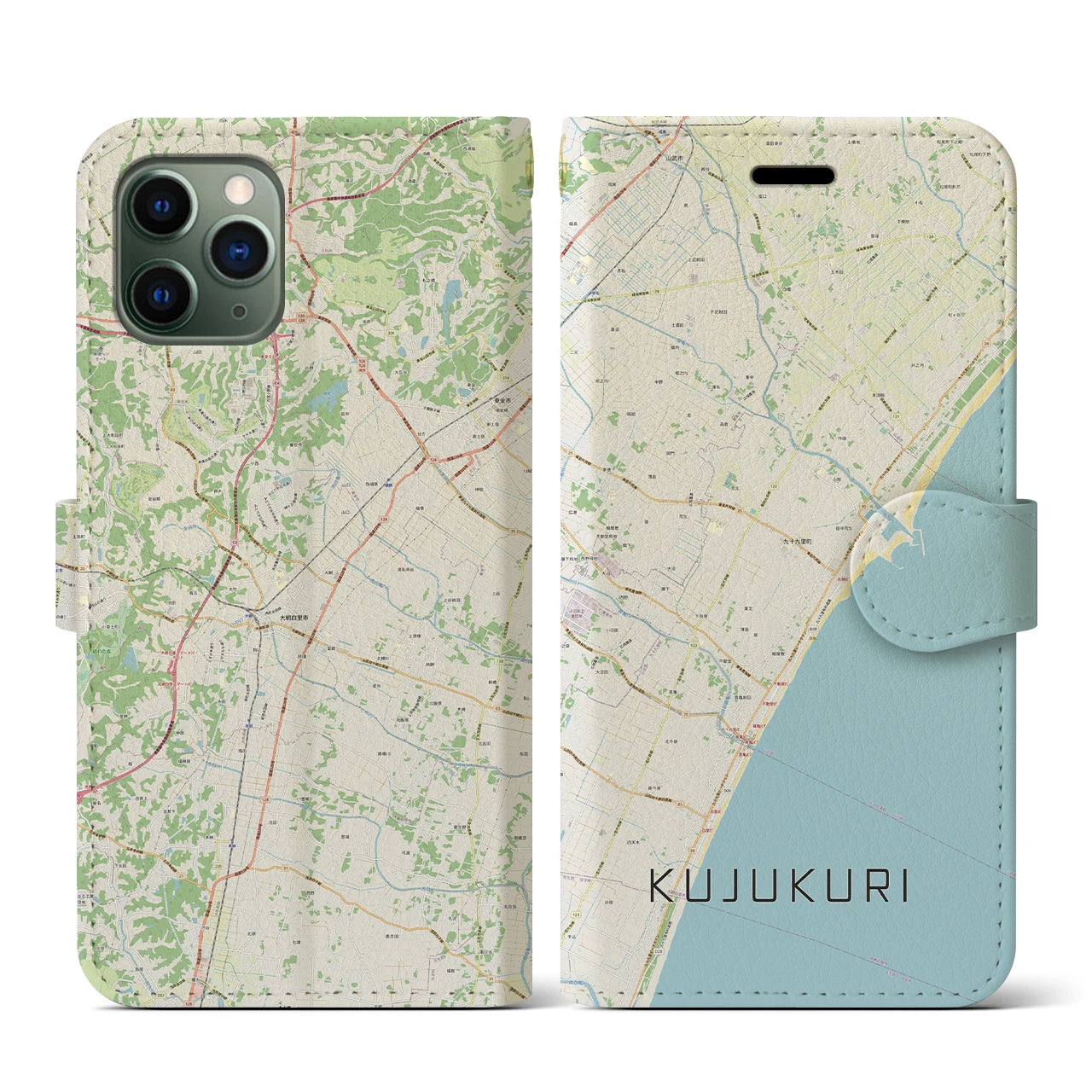 【九十九里(千葉県)】地図柄iPhoneケース(手帳タイプ)ナチュラル・iPhone 11 Pro 用