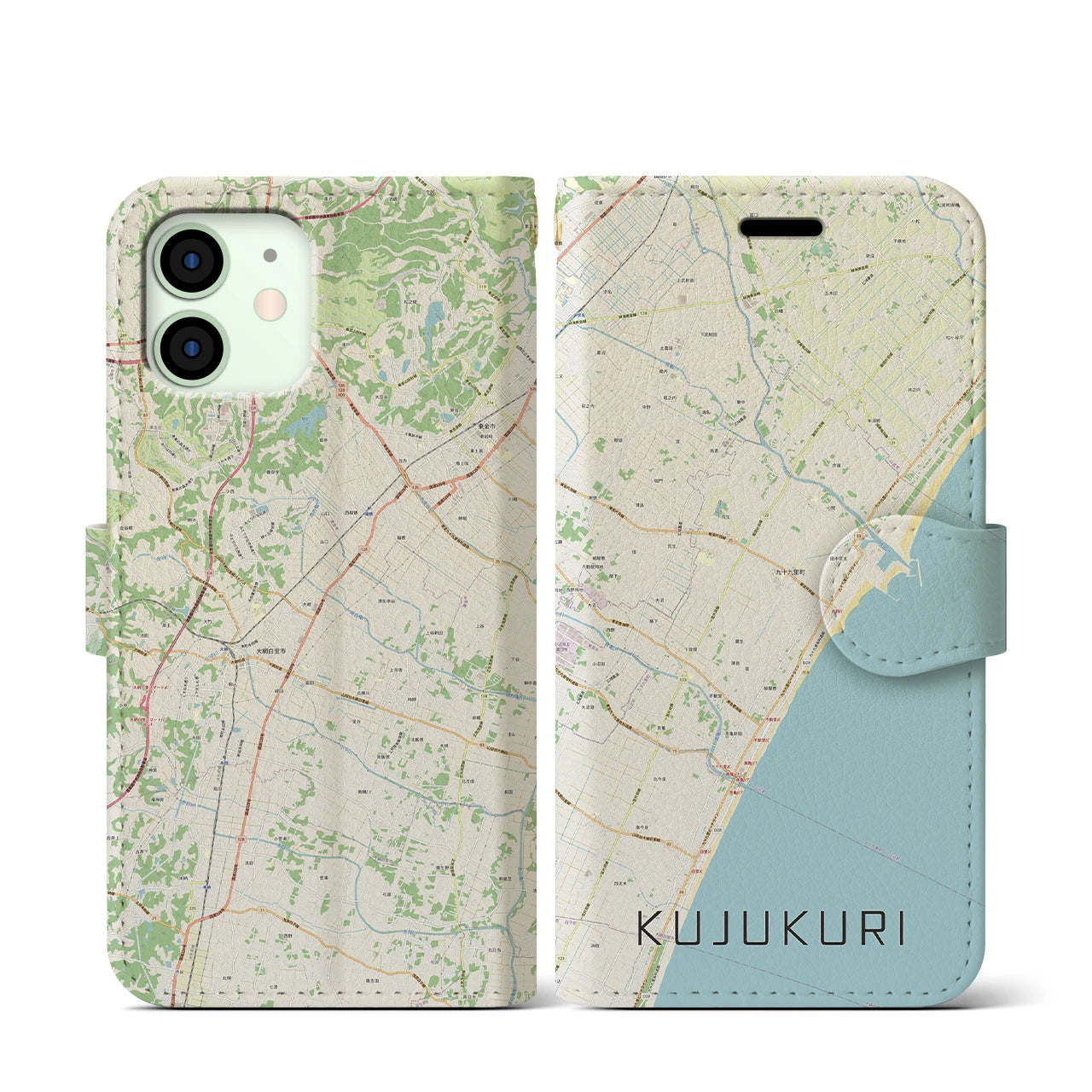 【九十九里(千葉県)】地図柄iPhoneケース(手帳タイプ)ナチュラル・iPhone 12 mini 用