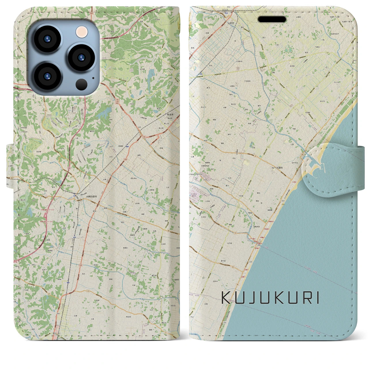 【九十九里(千葉県)】地図柄iPhoneケース(手帳タイプ)ナチュラル・iPhone 13 Pro Max 用