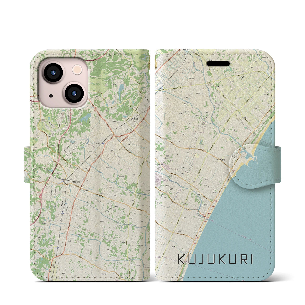 【九十九里(千葉県)】地図柄iPhoneケース(手帳タイプ)ナチュラル・iPhone 13 mini 用