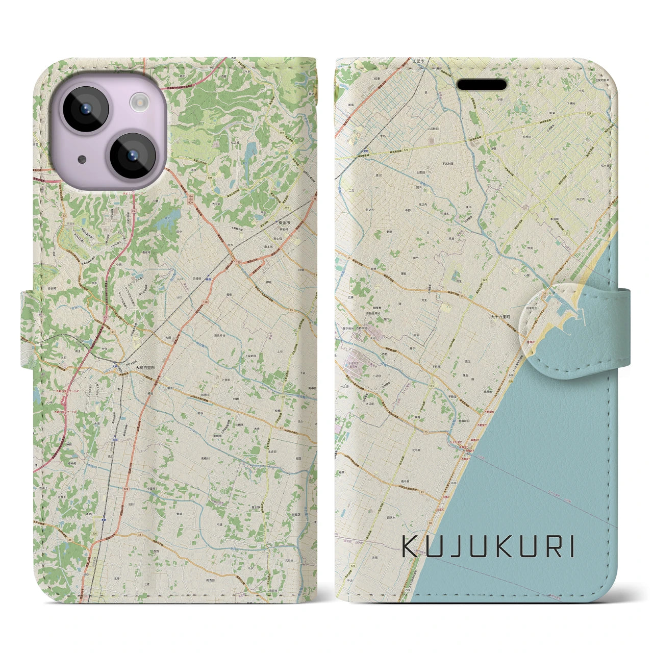 【九十九里(千葉県)】地図柄iPhoneケース(手帳タイプ)ナチュラル・iPhone 14 用
