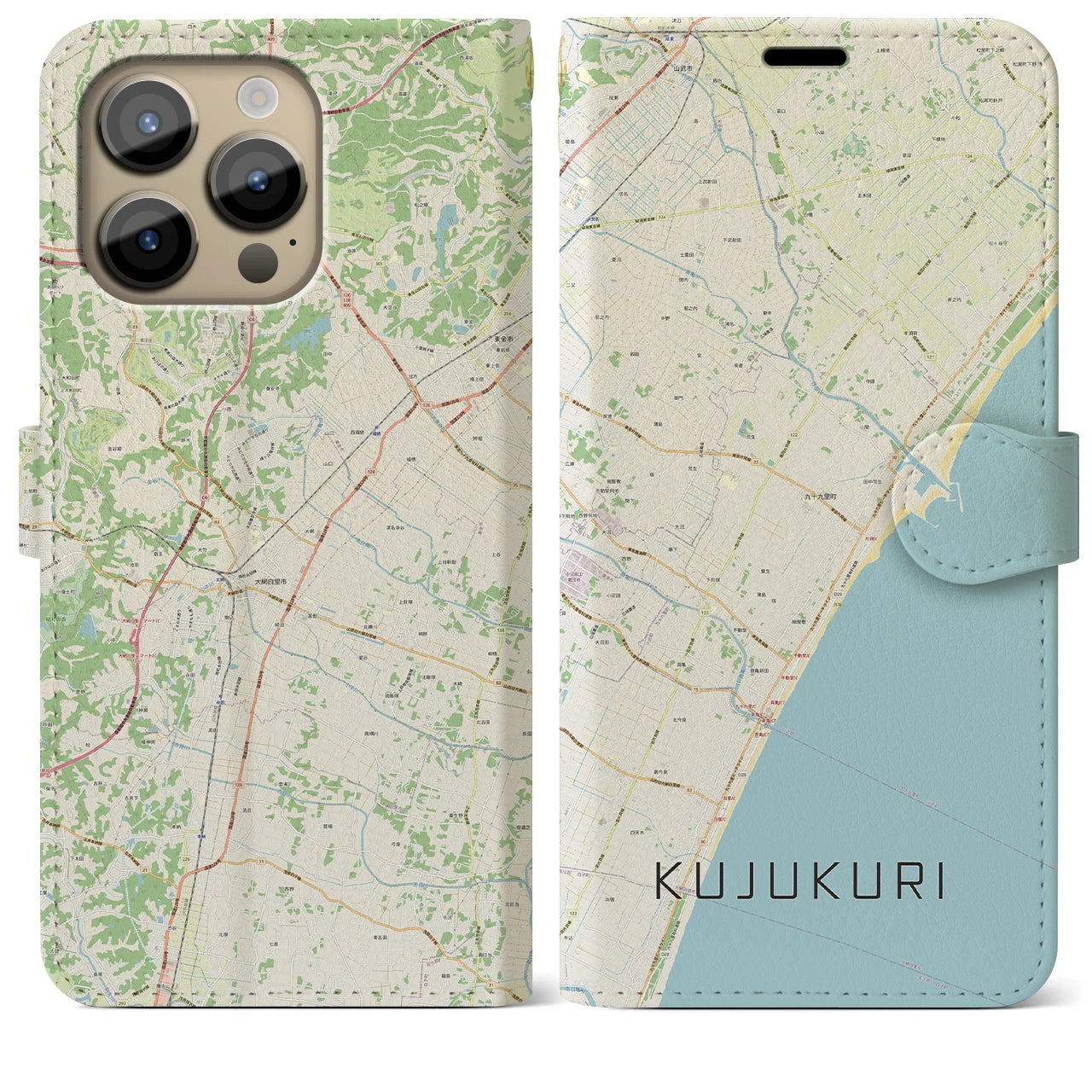 【九十九里(千葉県)】地図柄iPhoneケース(手帳タイプ)ナチュラル・iPhone 14 Pro Max 用