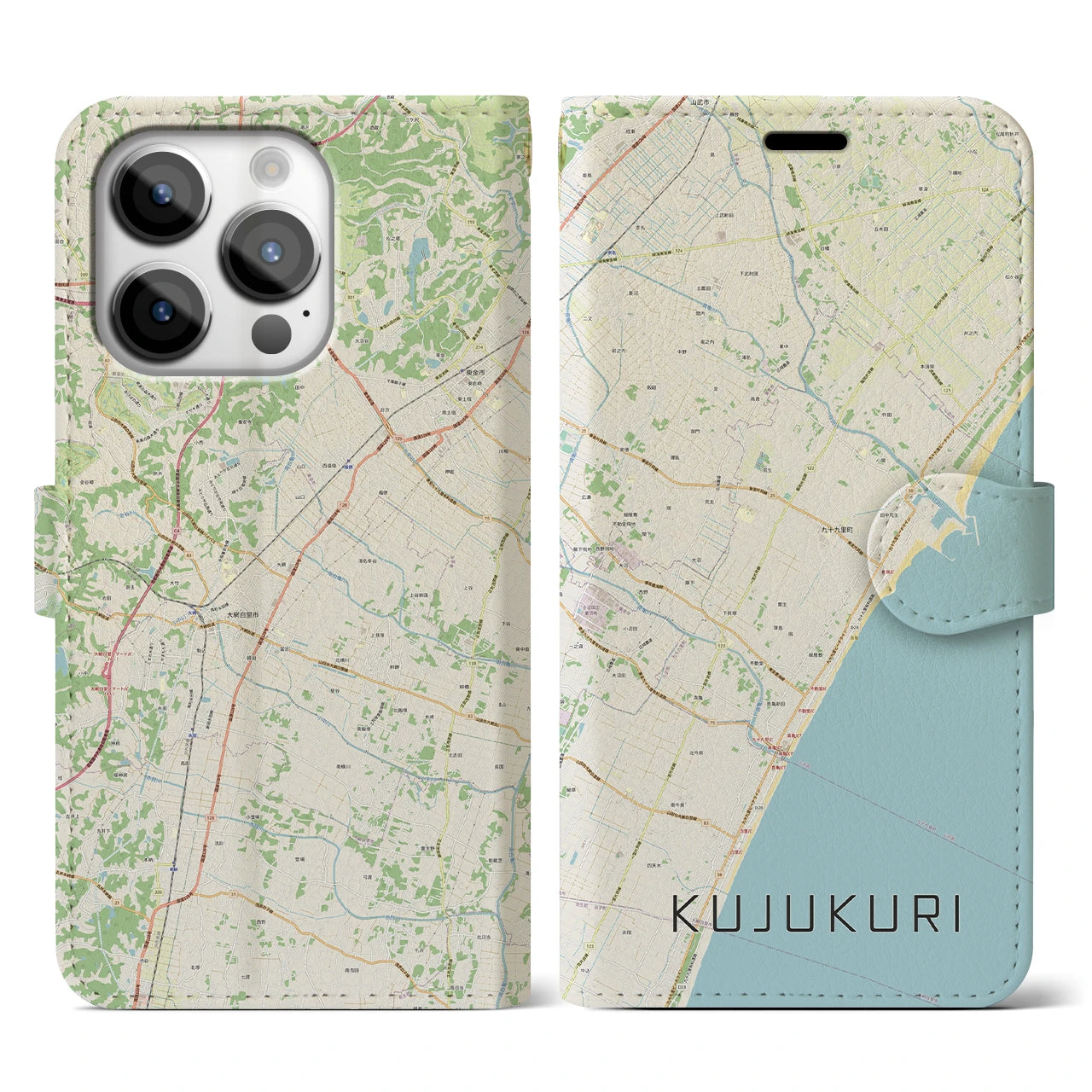 【九十九里(千葉県)】地図柄iPhoneケース(手帳タイプ)ナチュラル・iPhone 14 Pro 用