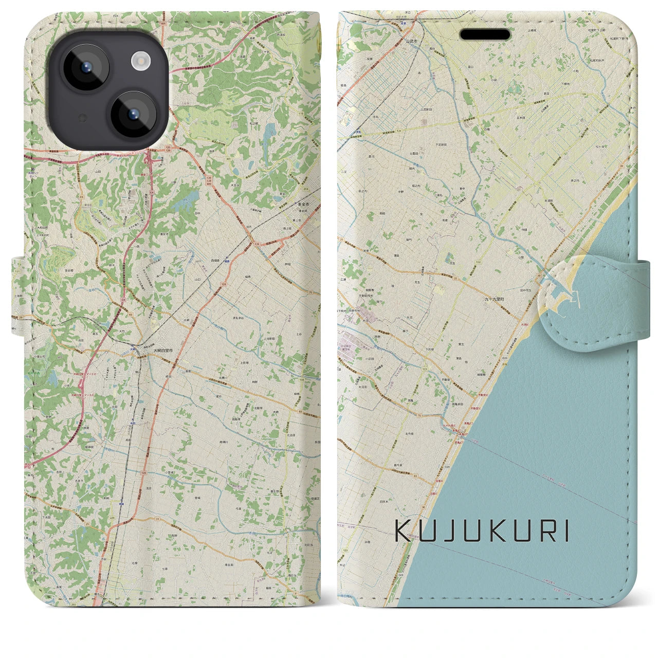 【九十九里(千葉県)】地図柄iPhoneケース(手帳タイプ)ナチュラル・iPhone 14 Plus 用