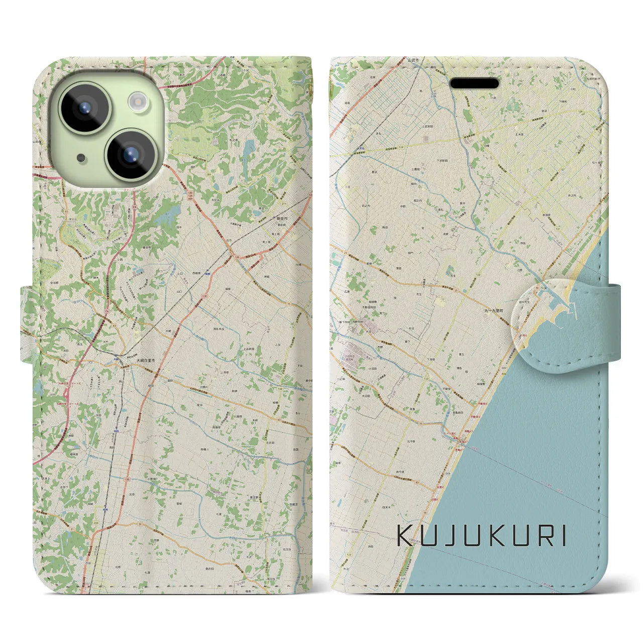 【九十九里(千葉県)】地図柄iPhoneケース(手帳タイプ)ナチュラル・iPhone 15 用
