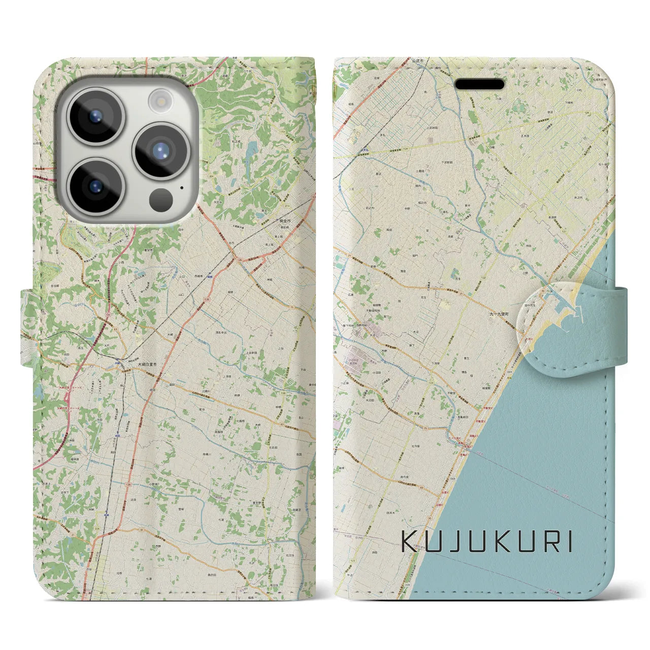 【九十九里(千葉県)】地図柄iPhoneケース(手帳タイプ)ナチュラル・iPhone 15 Pro 用
