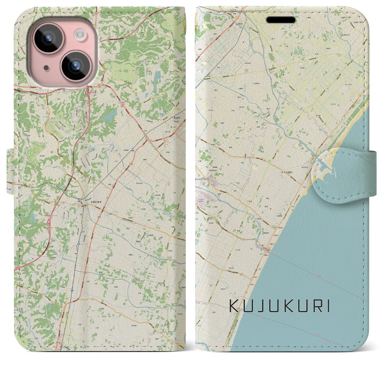 【九十九里(千葉県)】地図柄iPhoneケース(手帳タイプ)ナチュラル・iPhone 15 Plus 用