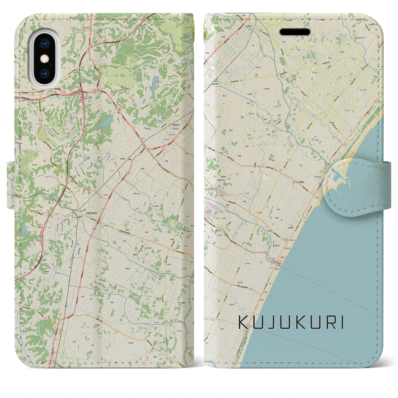 【九十九里(千葉県)】地図柄iPhoneケース(手帳タイプ)ナチュラル・iPhone XS Max 用