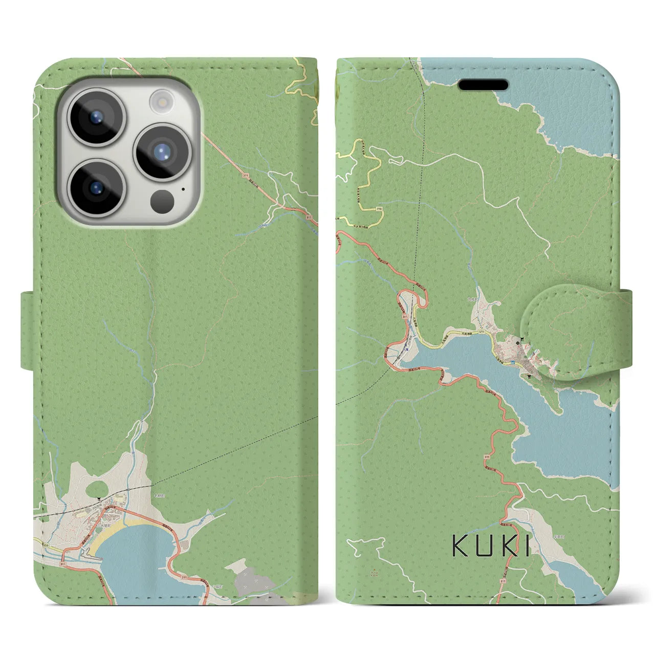 【九鬼(三重県)】地図柄iPhoneケース(手帳タイプ)ナチュラル・iPhone 15 Pro 用