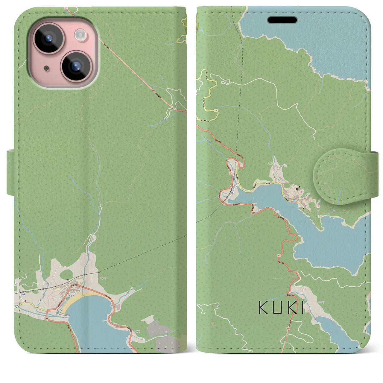 【九鬼(三重県)】地図柄iPhoneケース(手帳タイプ)ナチュラル・iPhone 15 Plus 用