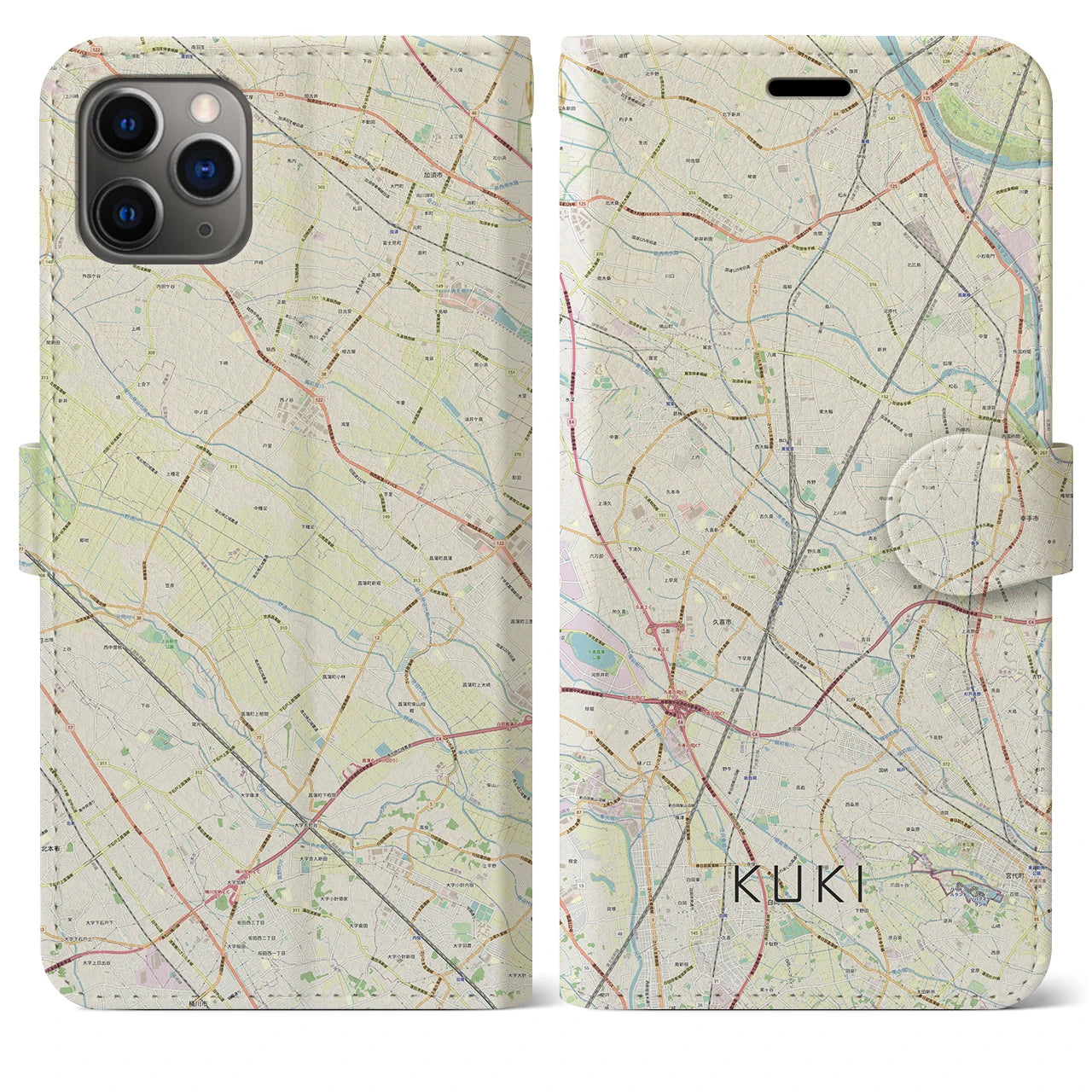 【久喜(埼玉県)】地図柄iPhoneケース(手帳タイプ)ナチュラル・iPhone 11 Pro Max 用