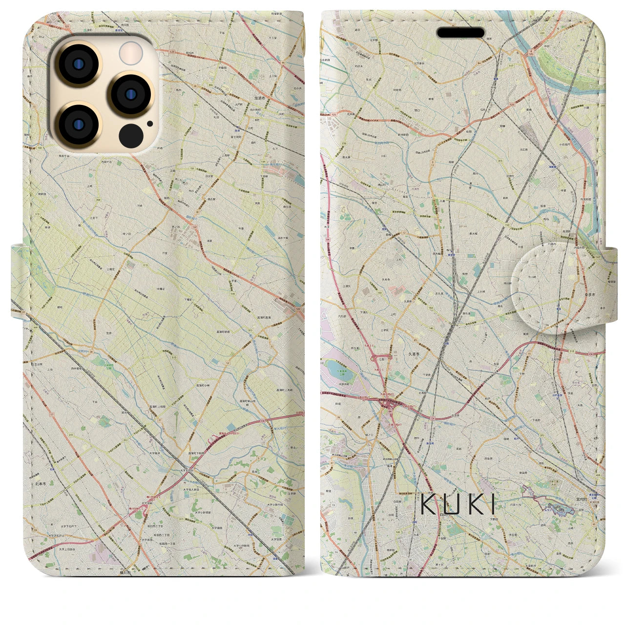 【久喜(埼玉県)】地図柄iPhoneケース(手帳タイプ)ナチュラル・iPhone 12 Pro Max 用