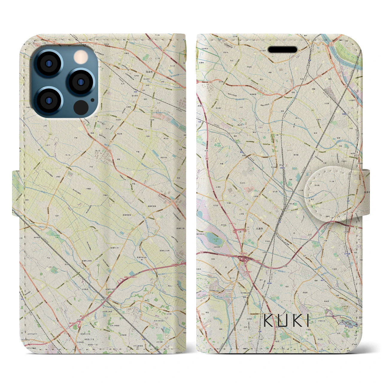 【久喜(埼玉県)】地図柄iPhoneケース(手帳タイプ)ナチュラル・iPhone 12 / 12 Pro 用