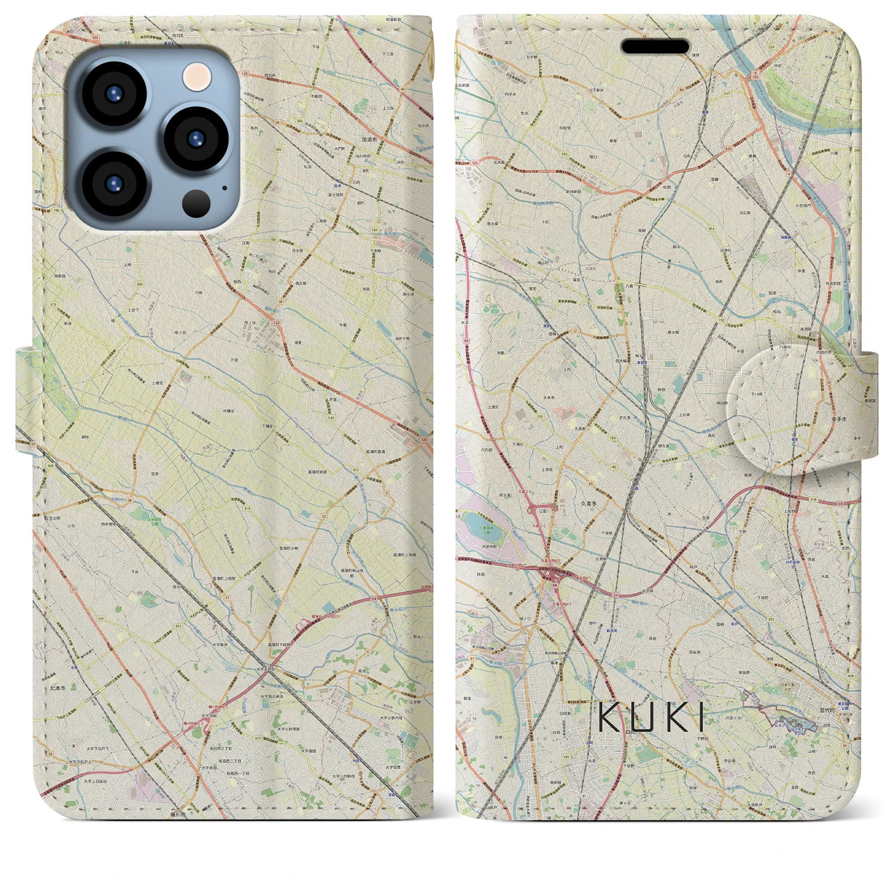 【久喜(埼玉県)】地図柄iPhoneケース(手帳タイプ)ナチュラル・iPhone 13 Pro Max 用