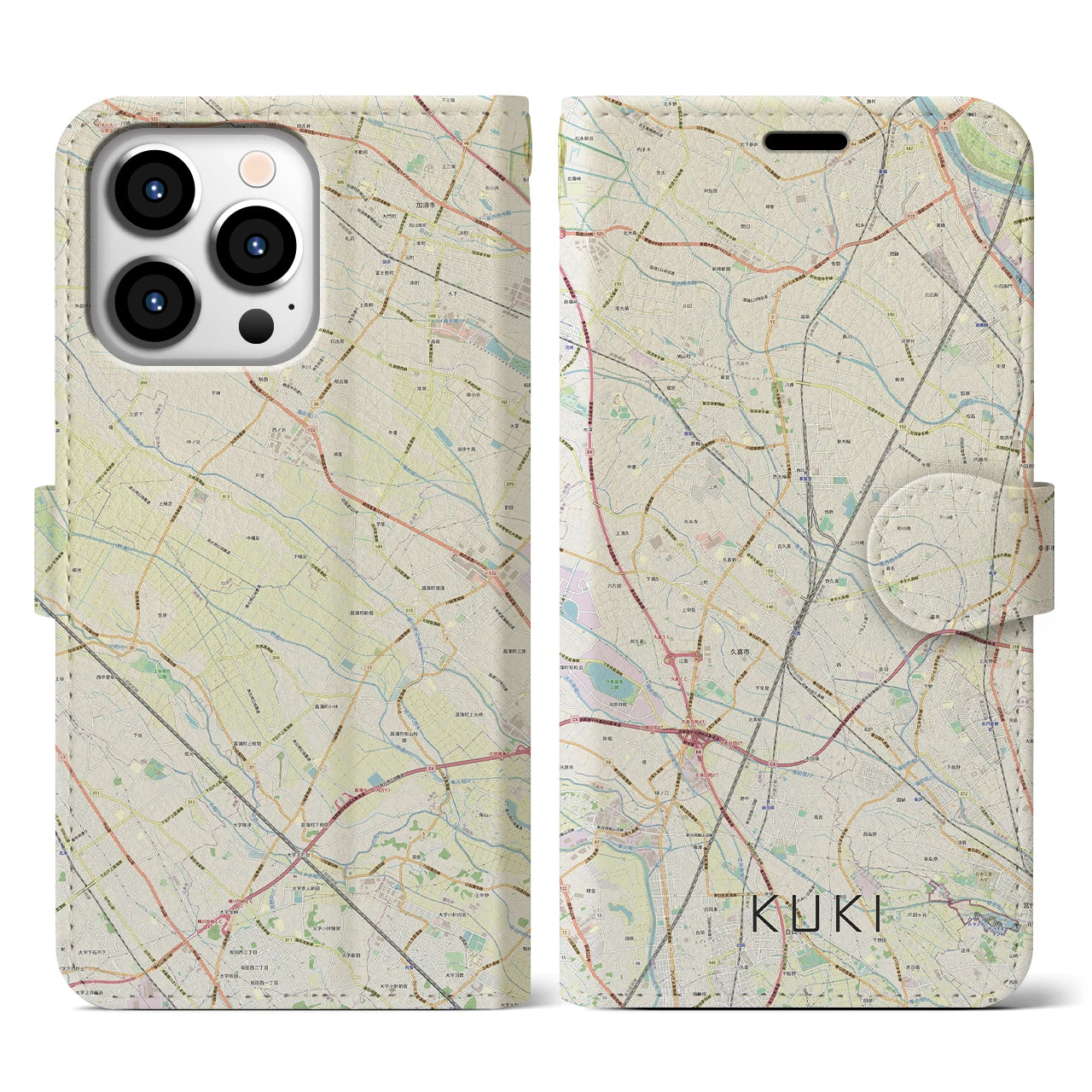 【久喜(埼玉県)】地図柄iPhoneケース(手帳タイプ)ナチュラル・iPhone 13 Pro 用