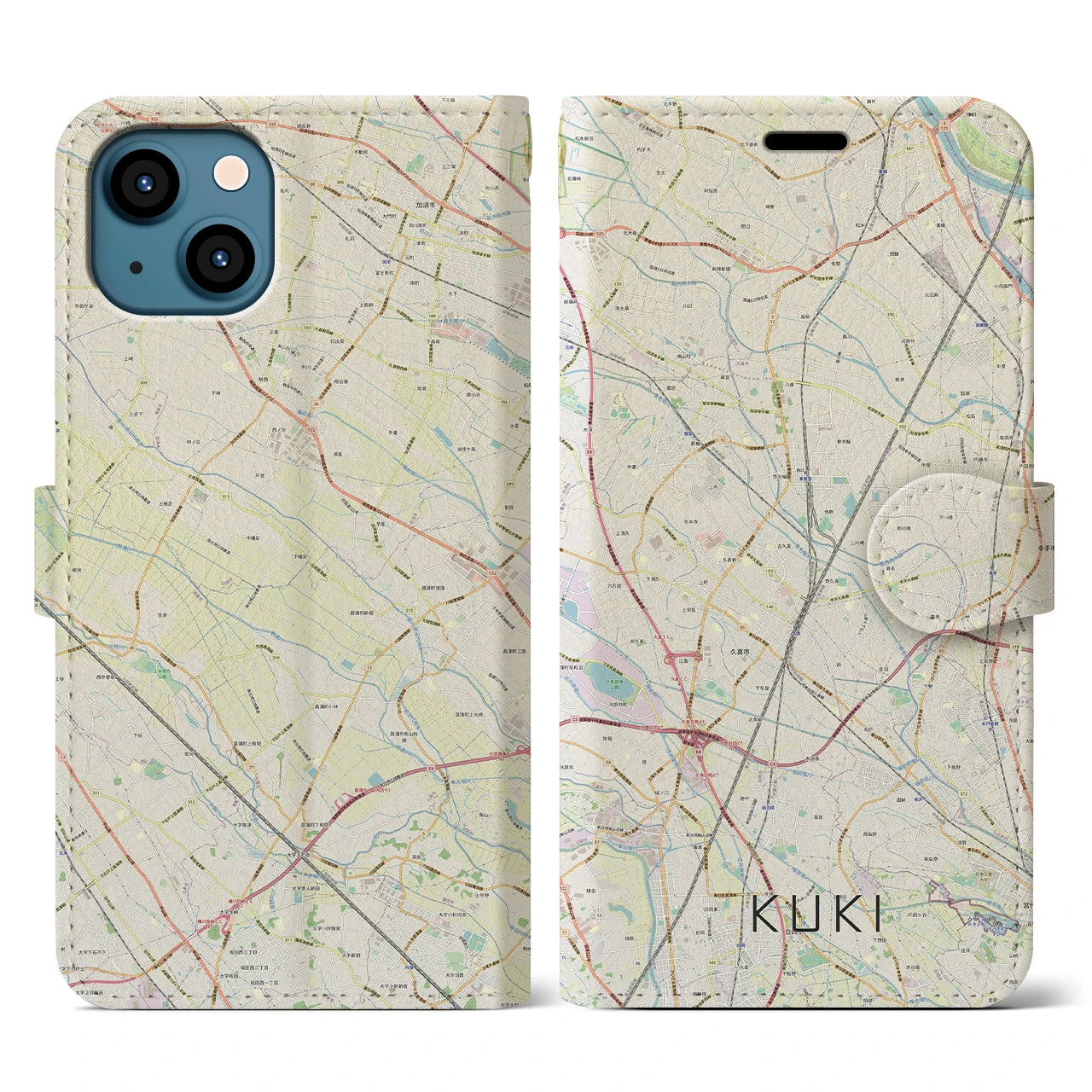 【久喜(埼玉県)】地図柄iPhoneケース(手帳タイプ)ナチュラル・iPhone 13 用