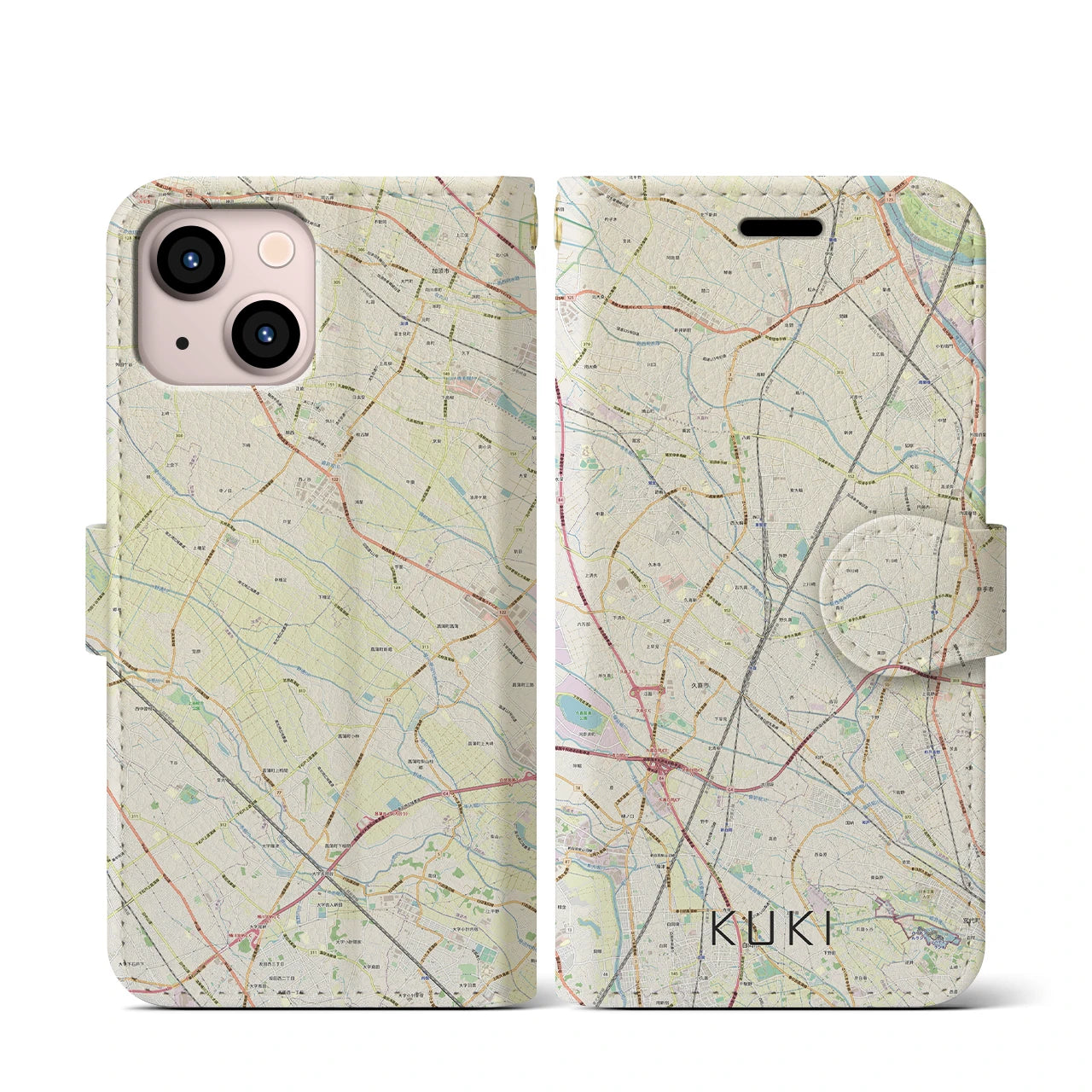【久喜(埼玉県)】地図柄iPhoneケース(手帳タイプ)ナチュラル・iPhone 13 mini 用