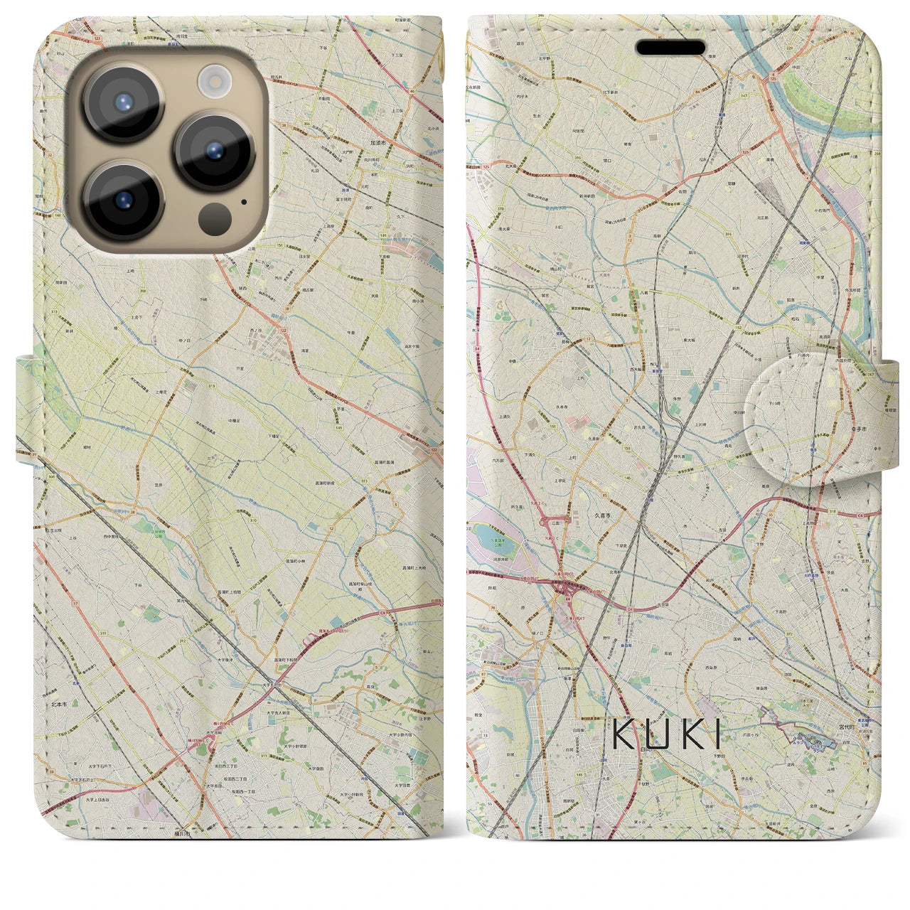 【久喜(埼玉県)】地図柄iPhoneケース(手帳タイプ)ナチュラル・iPhone 14 Pro Max 用