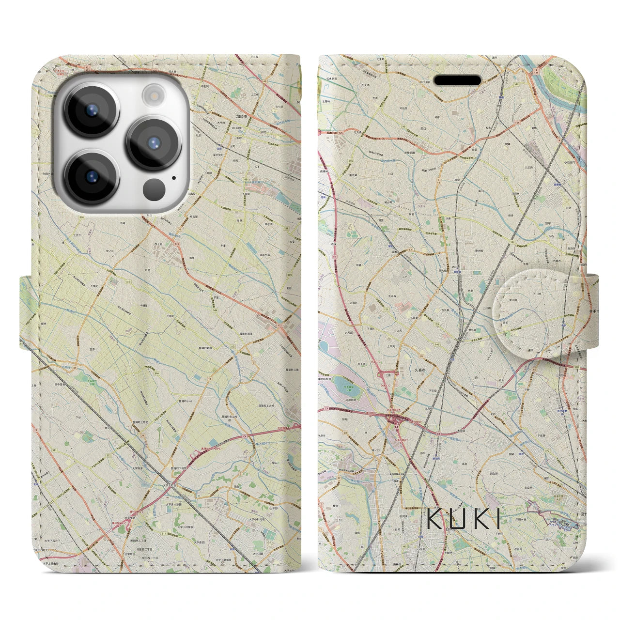【久喜(埼玉県)】地図柄iPhoneケース(手帳タイプ)ナチュラル・iPhone 14 Pro 用