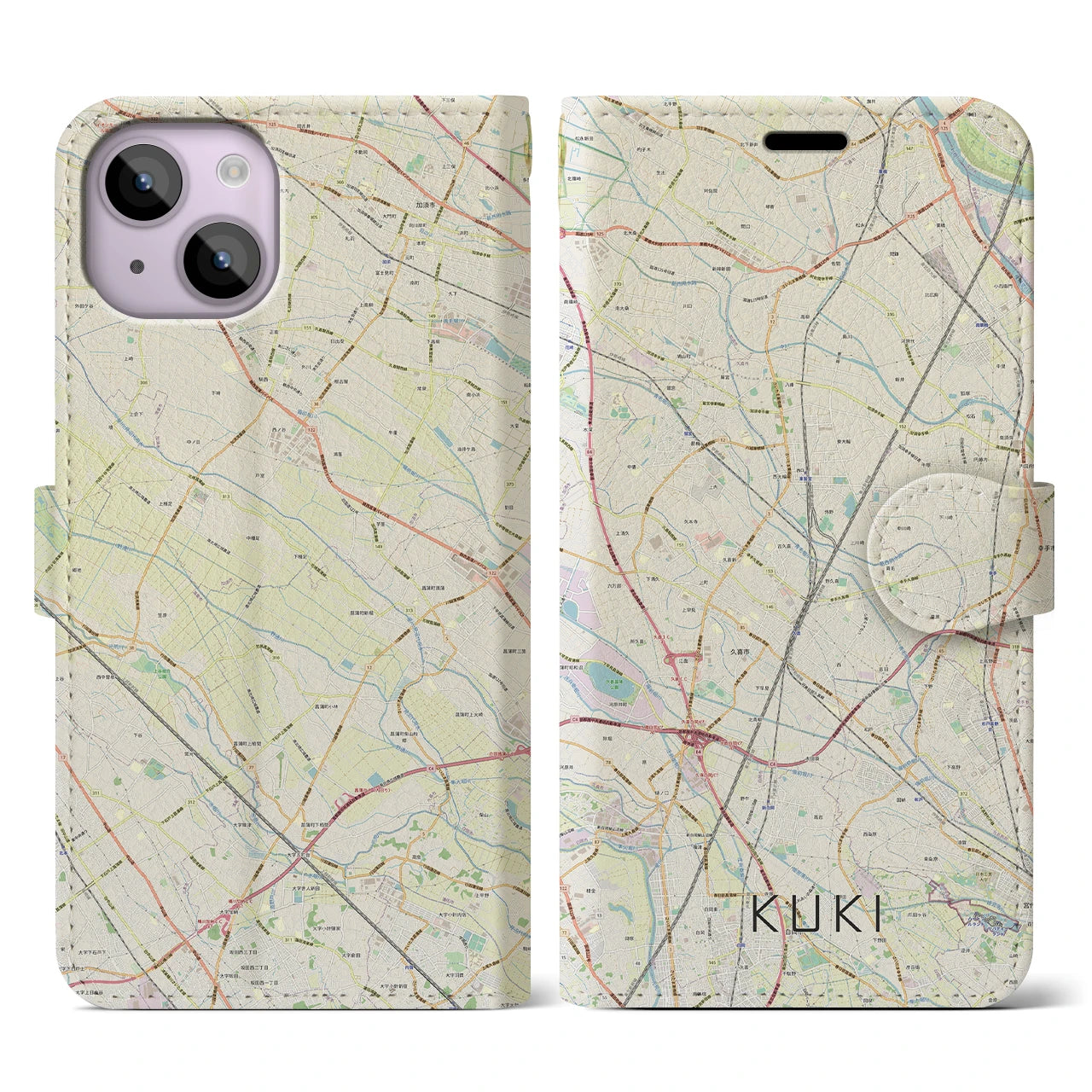 【久喜(埼玉県)】地図柄iPhoneケース(手帳タイプ)ナチュラル・iPhone 14 用