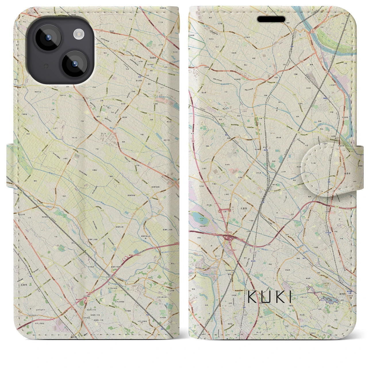 【久喜(埼玉県)】地図柄iPhoneケース(手帳タイプ)ナチュラル・iPhone 14 Plus 用