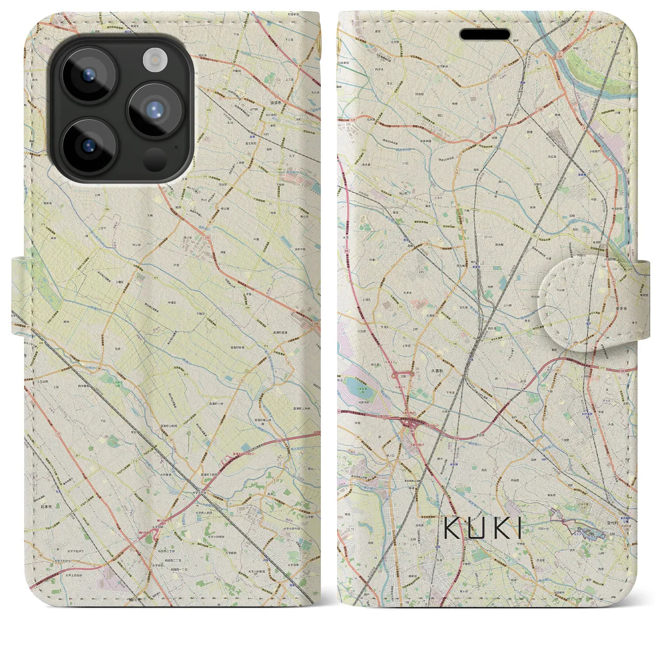 【久喜(埼玉県)】地図柄iPhoneケース(手帳タイプ)ナチュラル・iPhone 15 Pro Max 用