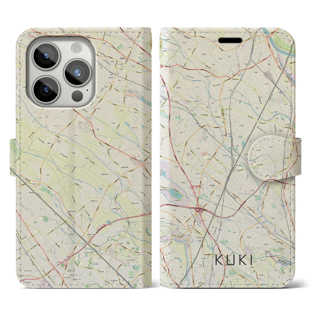 【久喜(埼玉県)】地図柄iPhoneケース(手帳タイプ)ナチュラル・iPhone 15 Pro 用
