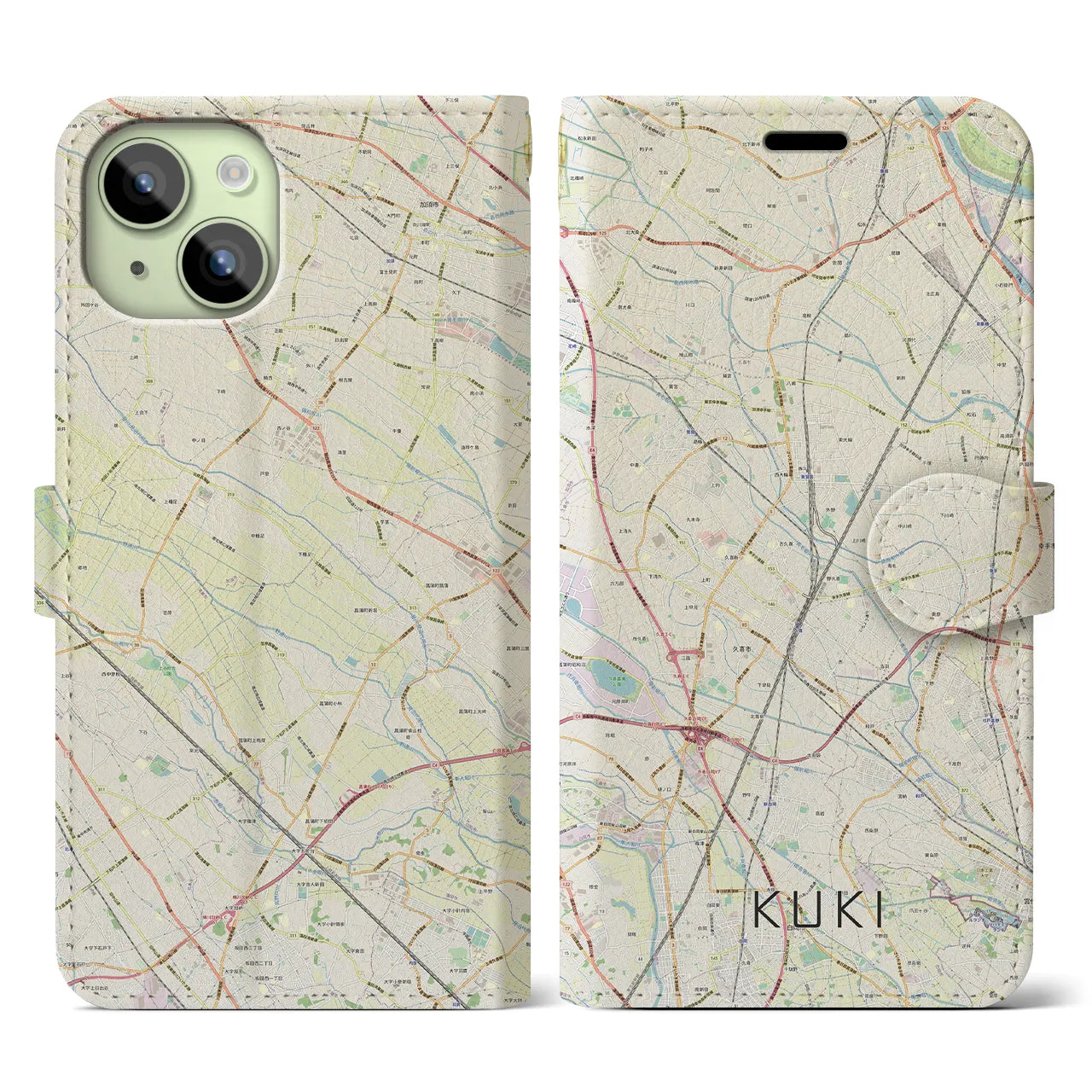 【久喜(埼玉県)】地図柄iPhoneケース(手帳タイプ)ナチュラル・iPhone 15 用