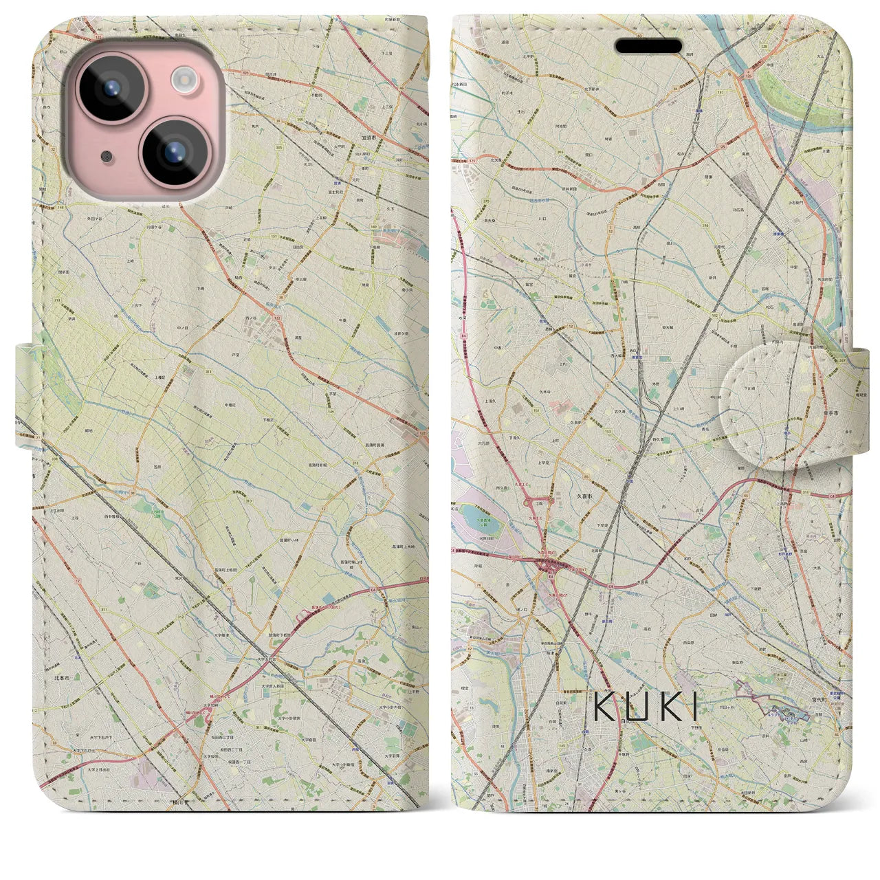 【久喜(埼玉県)】地図柄iPhoneケース(手帳タイプ)ナチュラル・iPhone 15 Plus 用