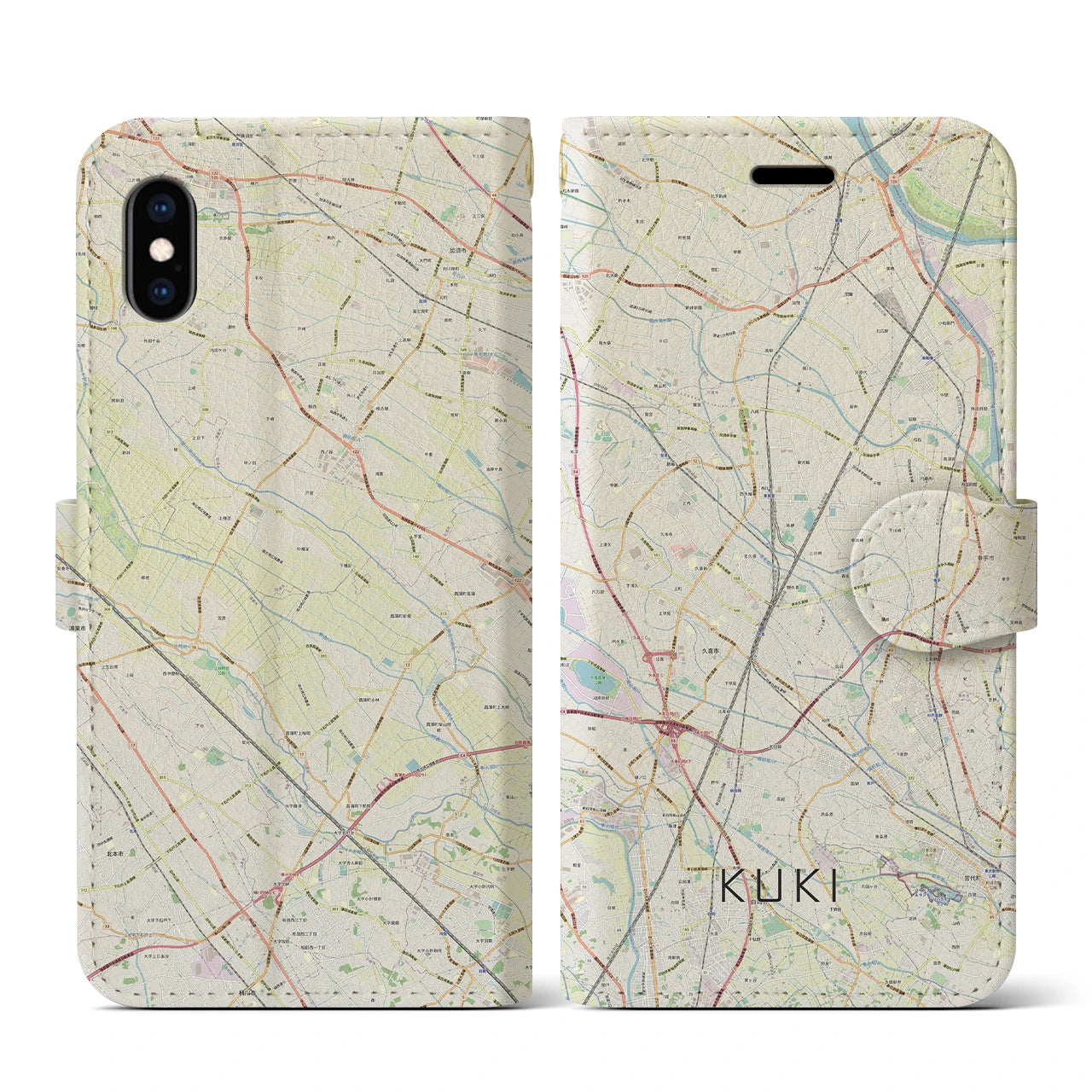 【久喜(埼玉県)】地図柄iPhoneケース(手帳タイプ)ナチュラル・iPhone XS / X 用