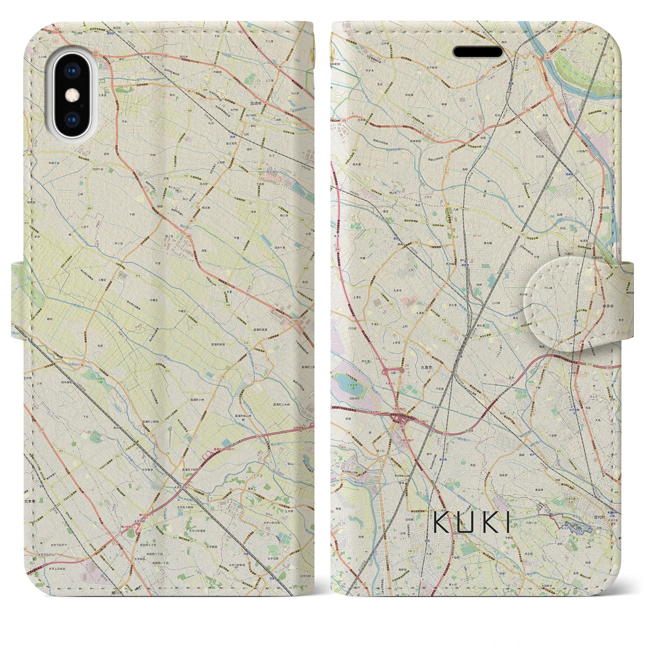 【久喜(埼玉県)】地図柄iPhoneケース(手帳タイプ)ナチュラル・iPhone XS Max 用