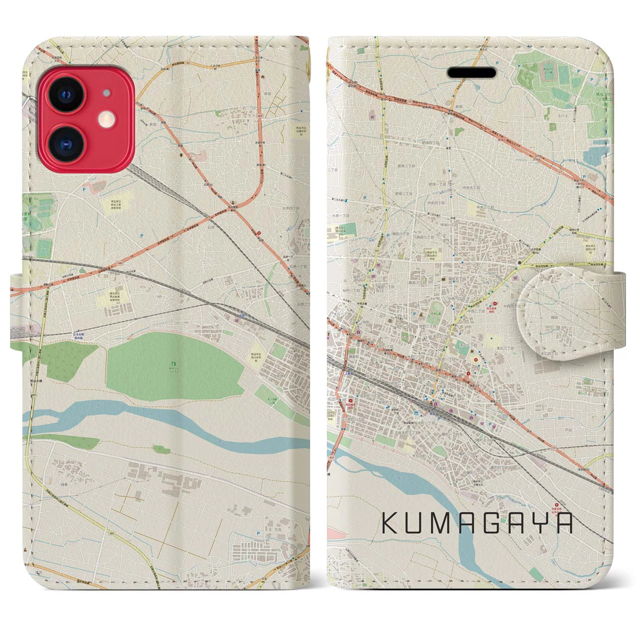 【熊谷(埼玉県)】地図柄iPhoneケース(手帳タイプ)ナチュラル・iPhone 11 用