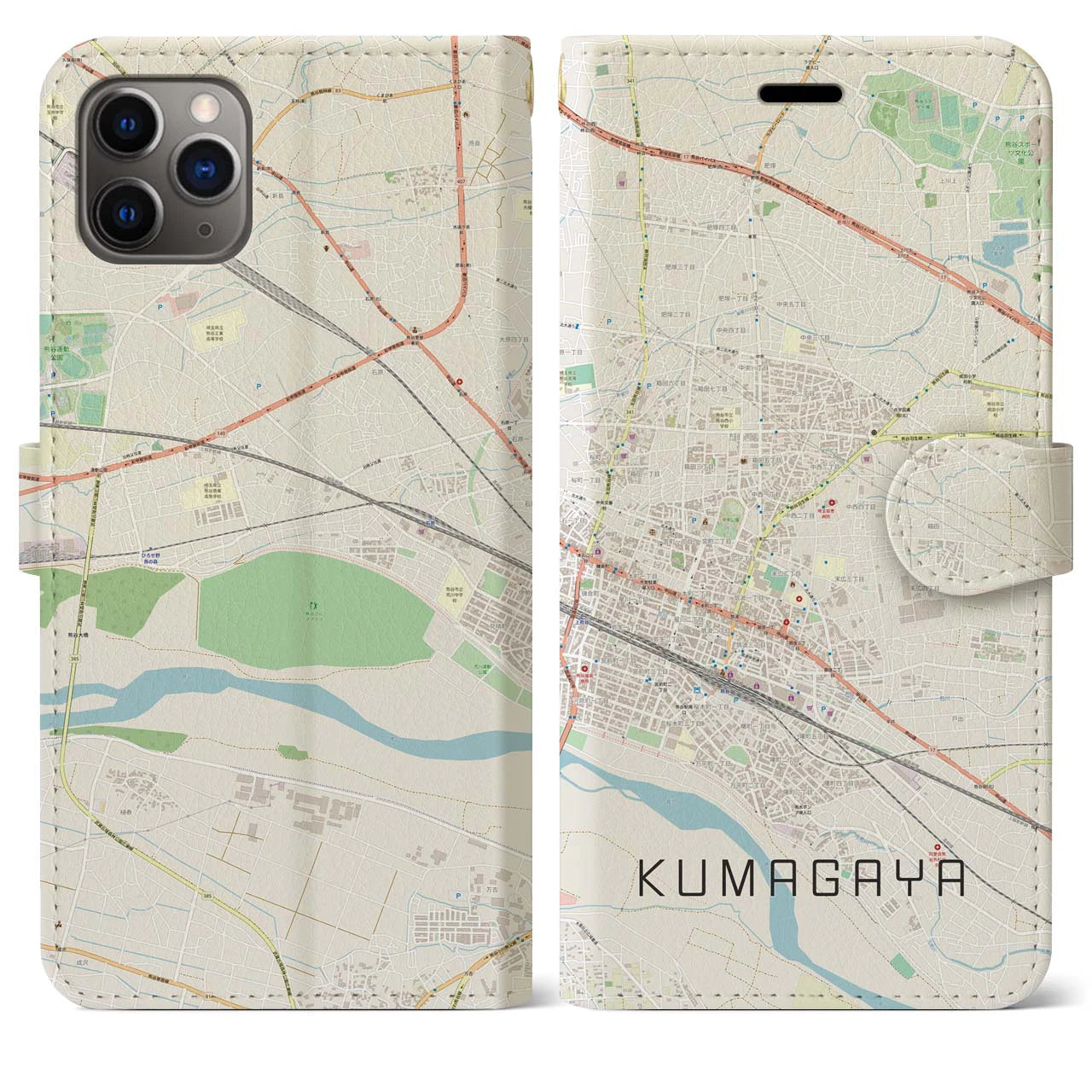 【熊谷(埼玉県)】地図柄iPhoneケース(手帳タイプ)ナチュラル・iPhone 11 Pro Max 用