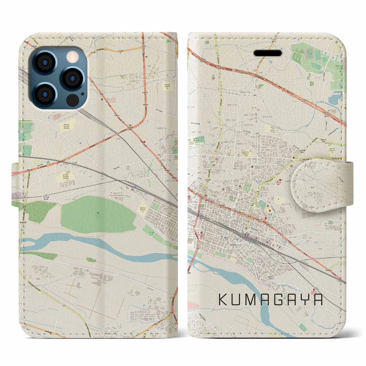 【熊谷(埼玉県)】地図柄iPhoneケース(手帳タイプ)ナチュラル・iPhone 12 / 12 Pro 用