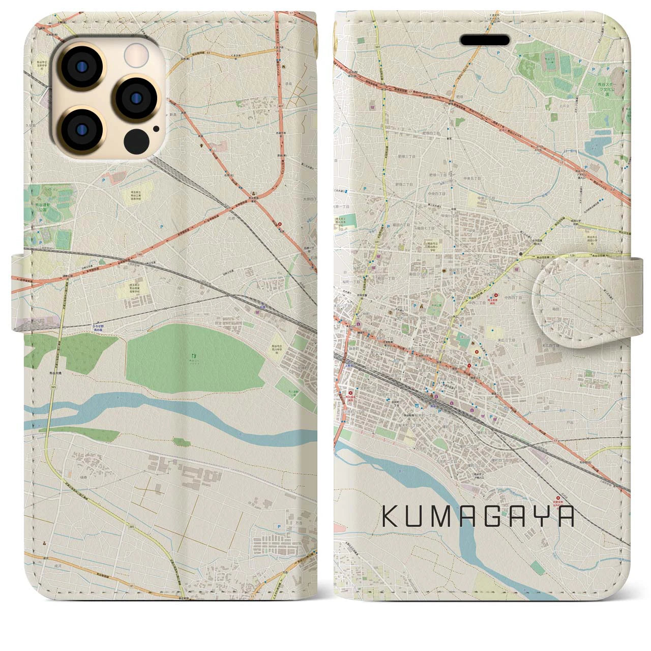 【熊谷(埼玉県)】地図柄iPhoneケース(手帳タイプ)ナチュラル・iPhone 12 Pro Max 用