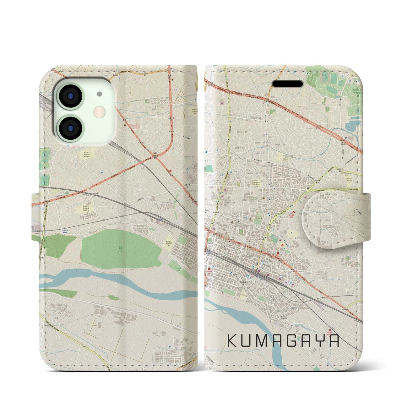 【熊谷(埼玉県)】地図柄iPhoneケース(手帳タイプ)ナチュラル・iPhone 12 mini 用