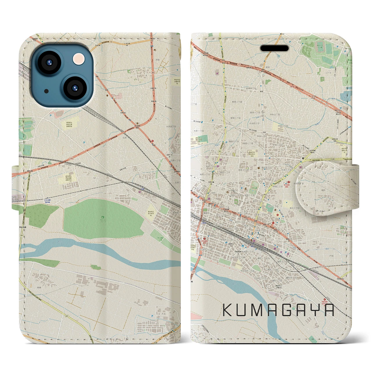 【熊谷(埼玉県)】地図柄iPhoneケース(手帳タイプ)ナチュラル・iPhone 13 用