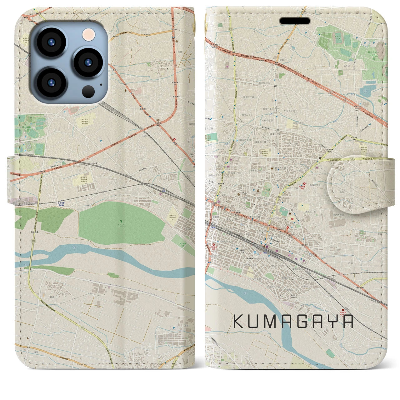 【熊谷(埼玉県)】地図柄iPhoneケース(手帳タイプ)ナチュラル・iPhone 13 Pro Max 用
