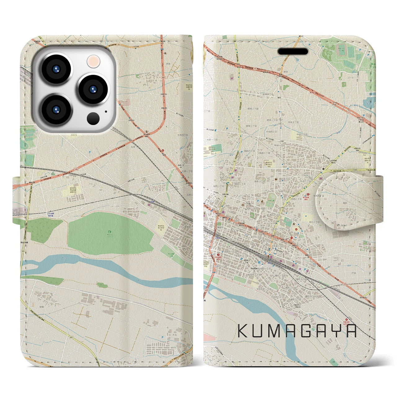 【熊谷(埼玉県)】地図柄iPhoneケース(手帳タイプ)ナチュラル・iPhone 13 Pro 用