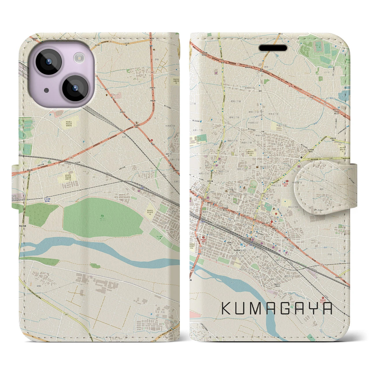 【熊谷(埼玉県)】地図柄iPhoneケース(手帳タイプ)ナチュラル・iPhone 14 用
