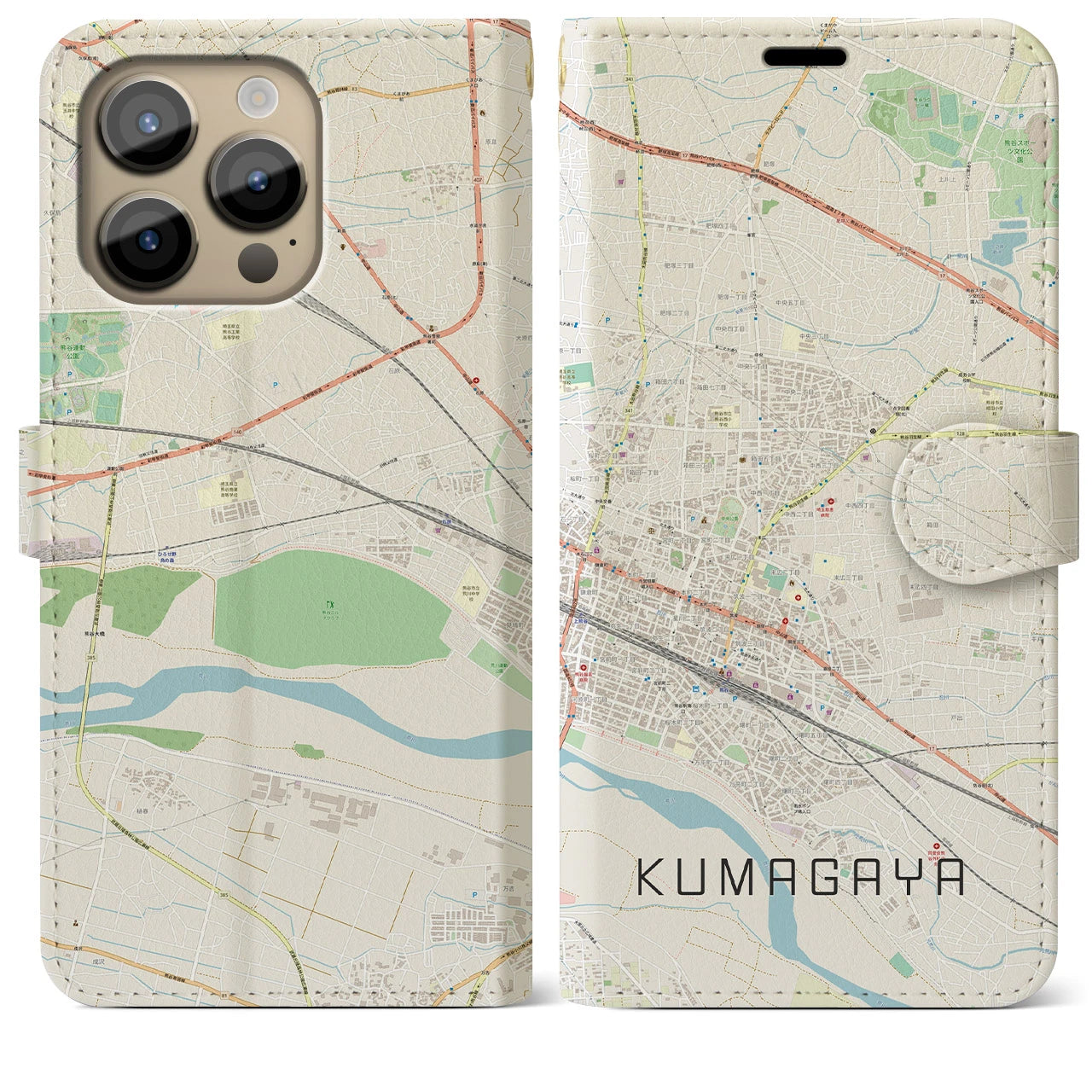 【熊谷(埼玉県)】地図柄iPhoneケース(手帳タイプ)ナチュラル・iPhone 14 Pro Max 用