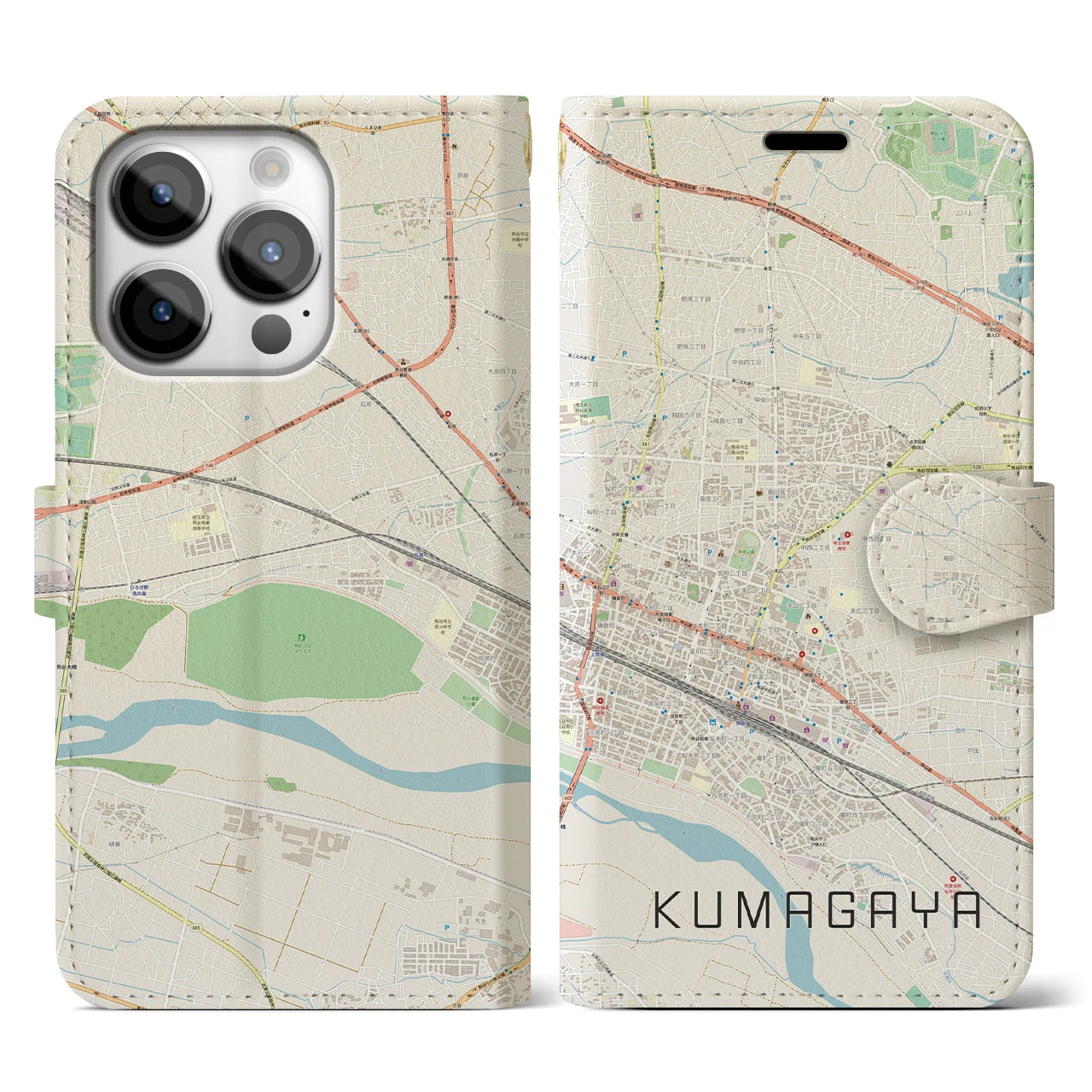 【熊谷(埼玉県)】地図柄iPhoneケース(手帳タイプ)ナチュラル・iPhone 14 Pro 用
