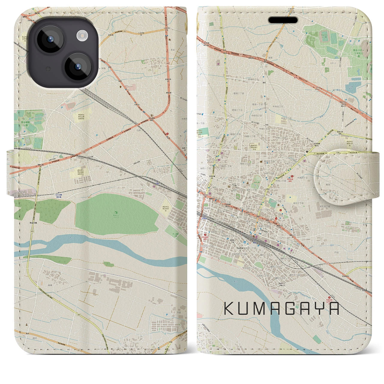 【熊谷(埼玉県)】地図柄iPhoneケース(手帳タイプ)ナチュラル・iPhone 14 Plus 用