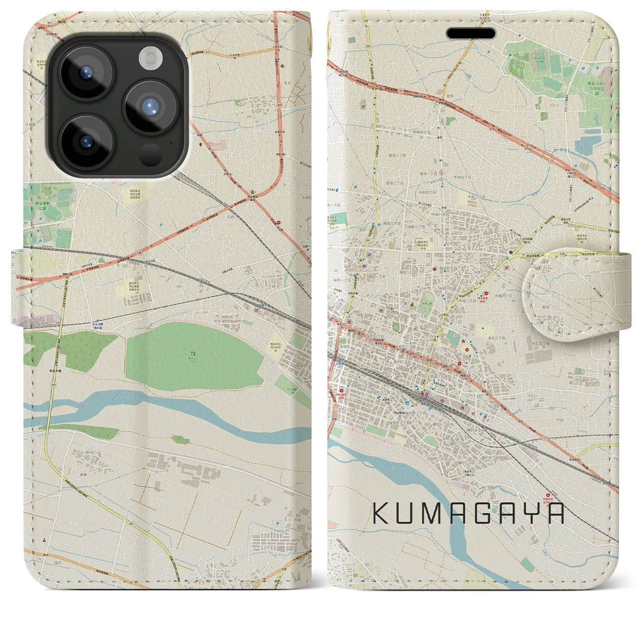【熊谷(埼玉県)】地図柄iPhoneケース(手帳タイプ)ナチュラル・iPhone 15 Pro Max 用