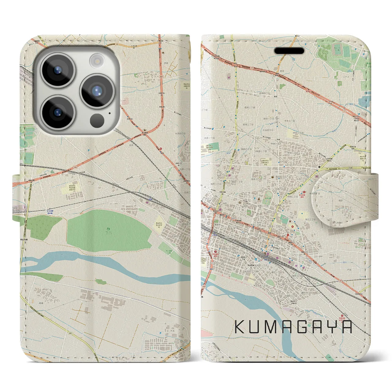 【熊谷(埼玉県)】地図柄iPhoneケース(手帳タイプ)ナチュラル・iPhone 15 Pro 用
