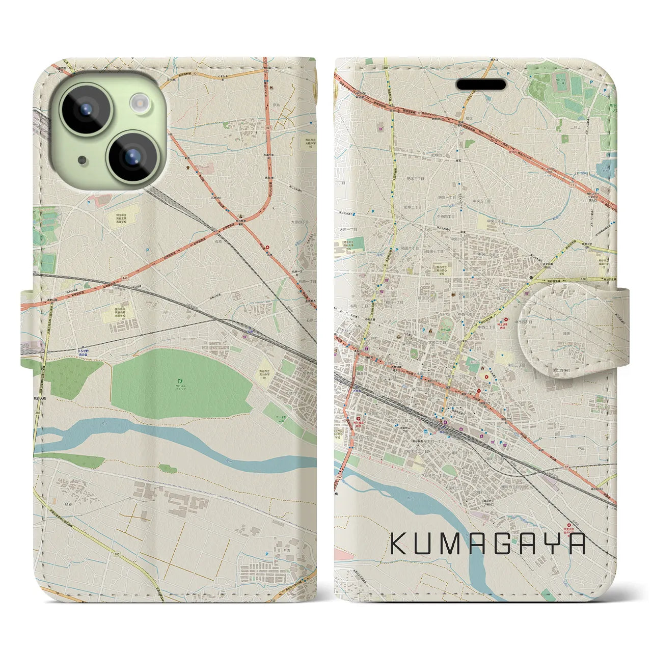 【熊谷(埼玉県)】地図柄iPhoneケース(手帳タイプ)ナチュラル・iPhone 15 用
